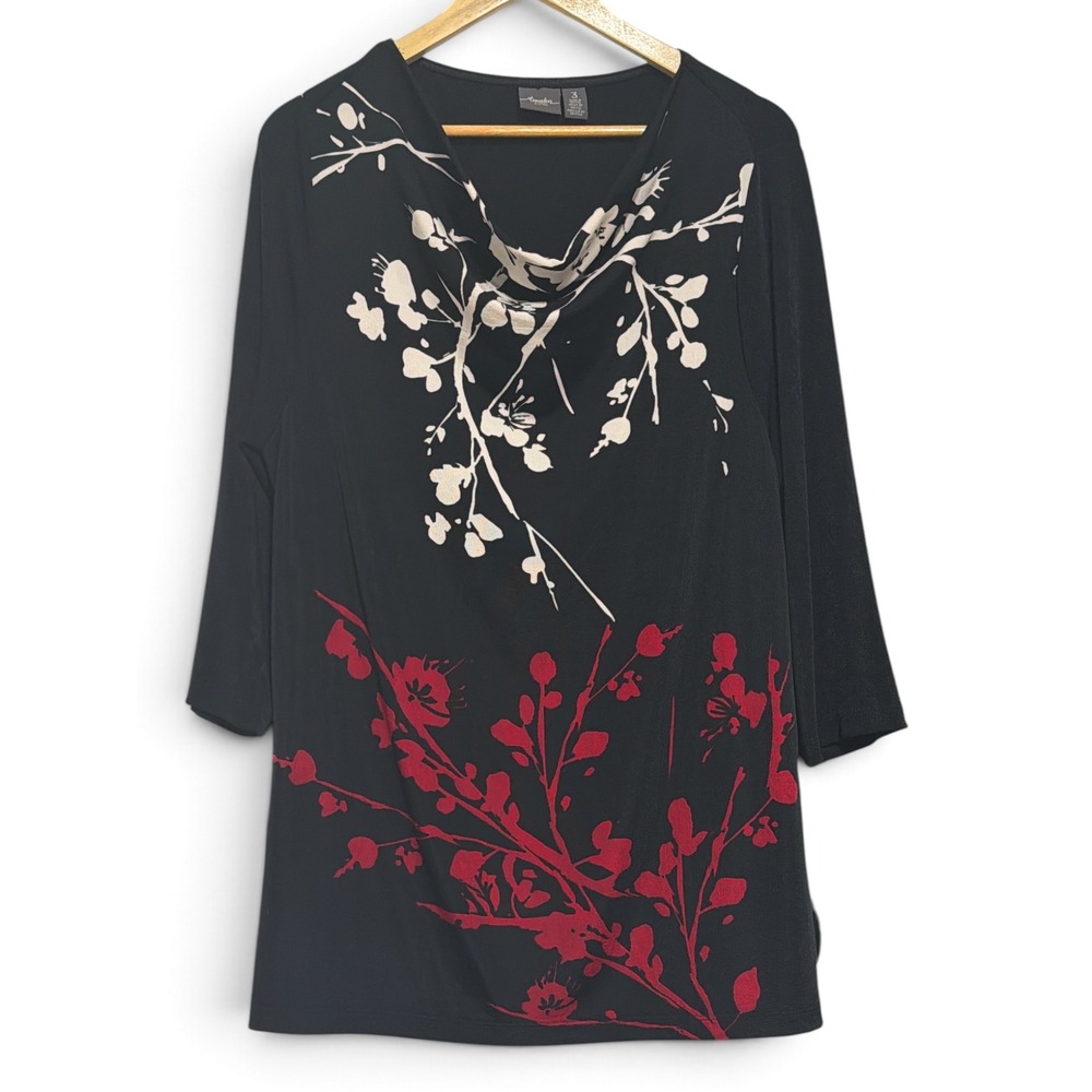 Travelers by Chicos Black Floral Cowl Neck Tunic Top 3/4 Sleeve Size 3 XL